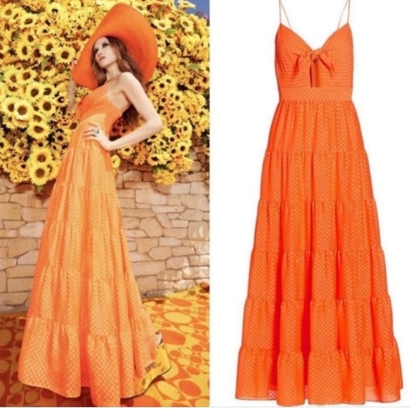 alice + oliva | Minka Tie Front Monarch Orange Tiered Maxi Dress - Picture 3 of 16